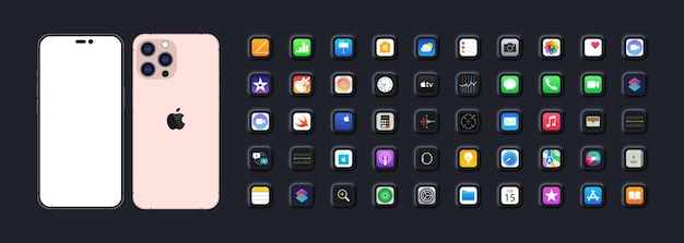 벡터 47개의 인기 있는 앱 벡터 일러스트레이션 편집이 있는 ios 14 잠금 화면 전화 탐색 페이지 홈 페이지가 있는 핑크 아이폰 14 프로 apple inc 스마트폰