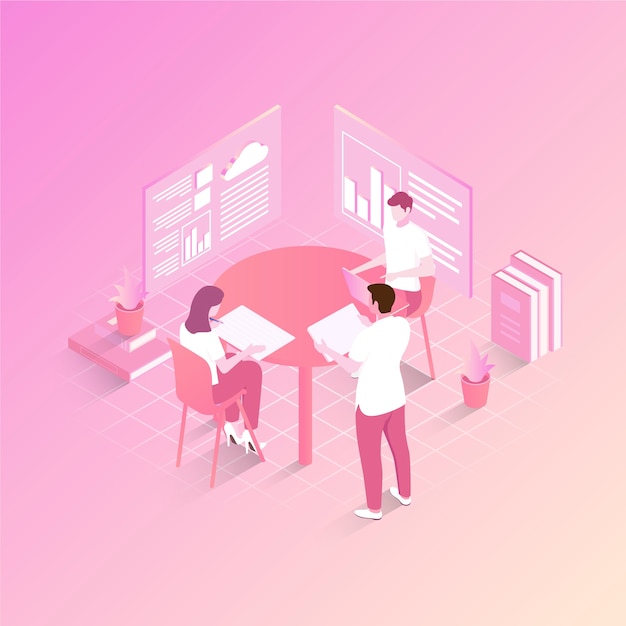 Vector pink isometric teamwork concept