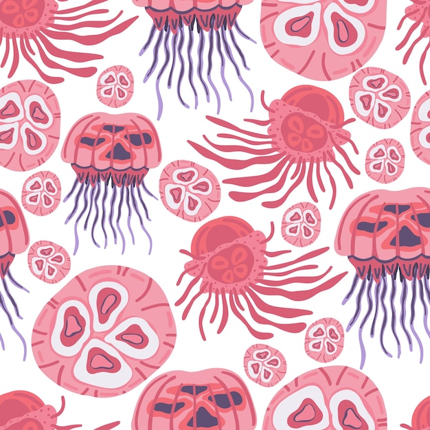 Vector pink jellyfish seamless pattern flat design