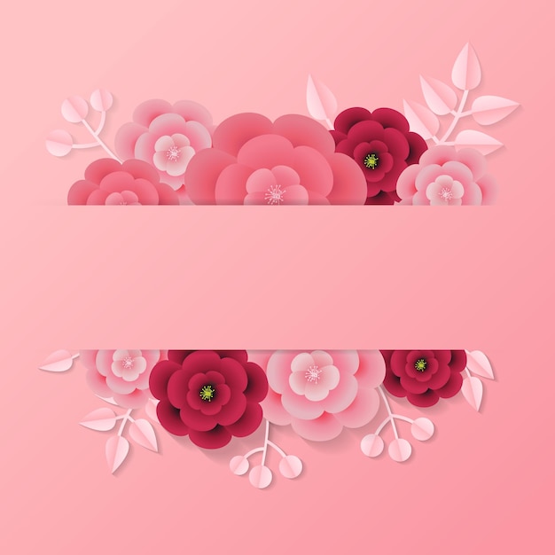 Vector pink label with empty space for text template decorated with paper style leaf and flower.