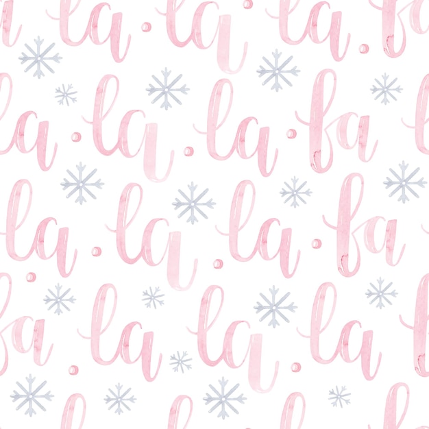 Pink lettering with snowflakes watercolor seamless pattern