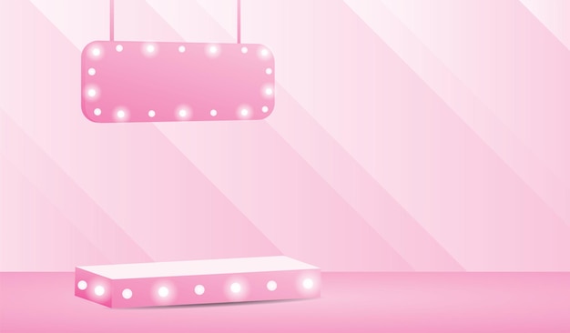 Pink light bulb podium display with hanging sign 3d illustration vector for putting your obect