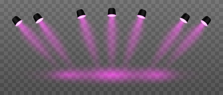 Vector pink lighting set projector multiple angled spotlights vivid beams ceilingmounted fixtures stage lighting event decor bright illumination modern interior design electric equipment