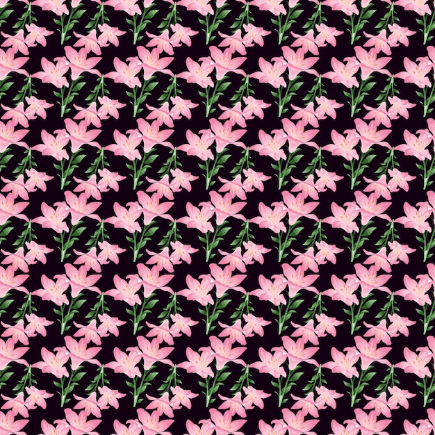 Pink lily flower & branch seamless pattern design