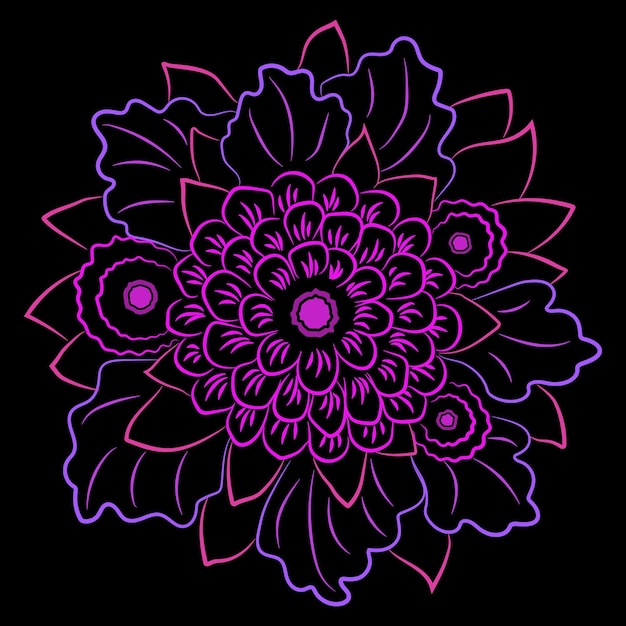 Pink linear floral composition with dahlia flower and leaves on a black background