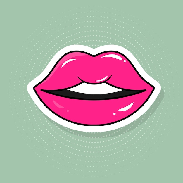 Pink lips sticker in pop art style. Badge in cartoon 80s-90s comics retro style.