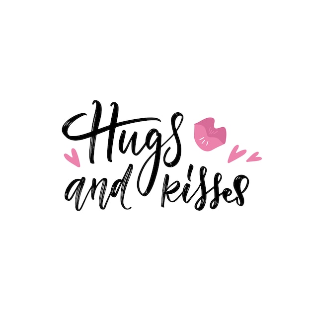 Vector pink lipstick print with hugs and kisses hand lettering, on white background.