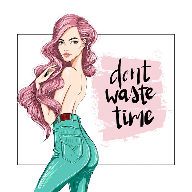 Pink long hair woman in green jeans and lettering, don't waste time