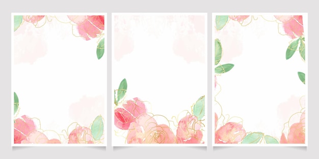 Pink loose watercolor gold line art rose flower bouquet frame 5x7 invitation card wash splash background template collection