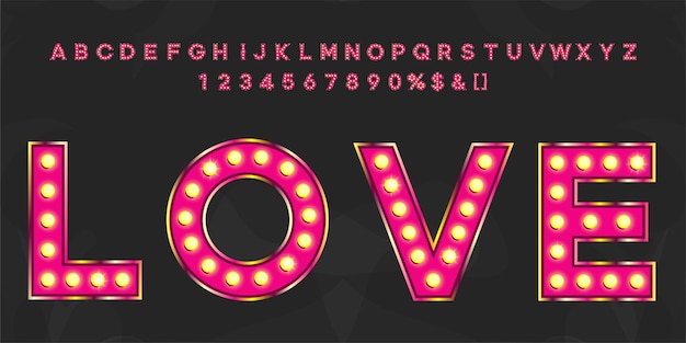 Testo vintage rosa amore con alfabeto e numeri carattere tipografico di lettere al neon per feste o eventi retrò