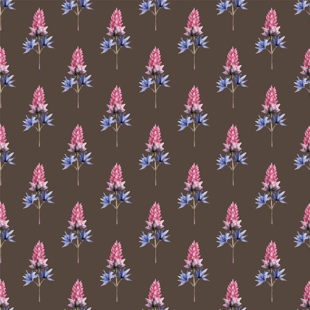 Pink lupine flowers with blue leaves vector seamless pattern