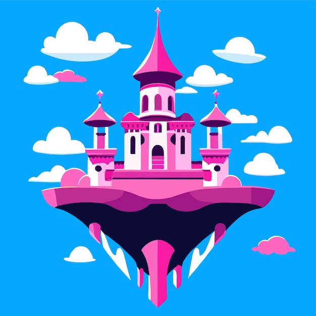 Вектор Розовый волшебный замок на плавучем острове в синей векторной иллюстрации неба