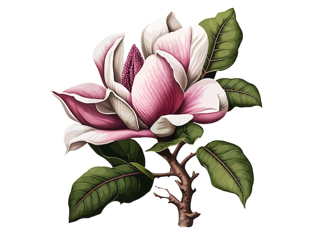Vector pink magnolia flowers vector illustration on isolated white background
