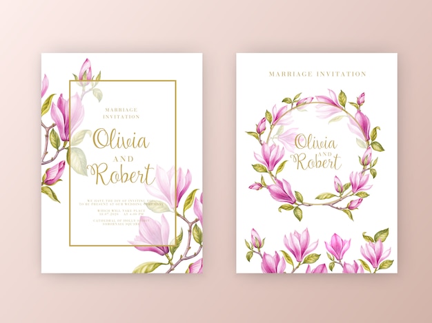 Pink magnolia flowers wedding invitation card set