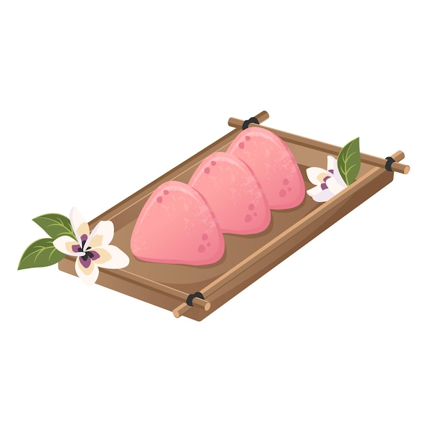 Pink Mochi with sakura blossoms on wooden trayTasty Japanese rice dish with fruit filling Vector