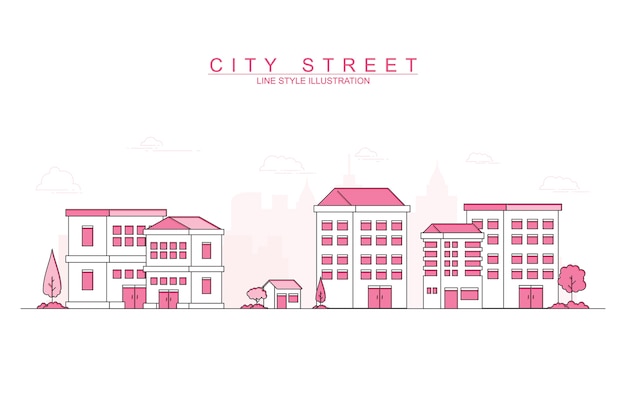 Pink modern city with thin line design style illustration