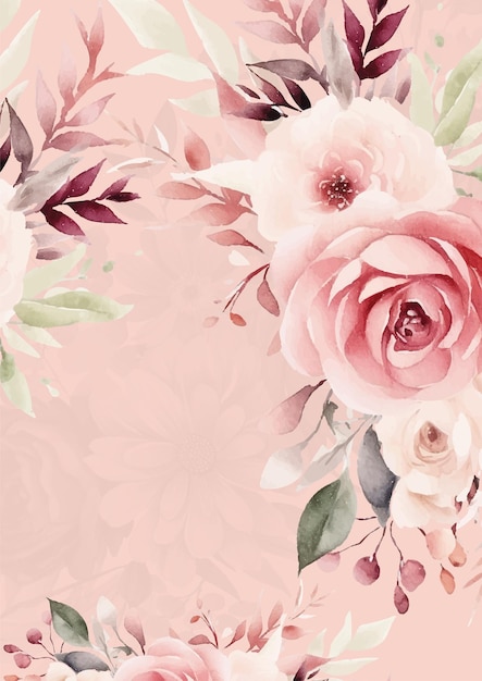 粉色の花束の背景の現代的な招待フレームで植物と花が描かれています