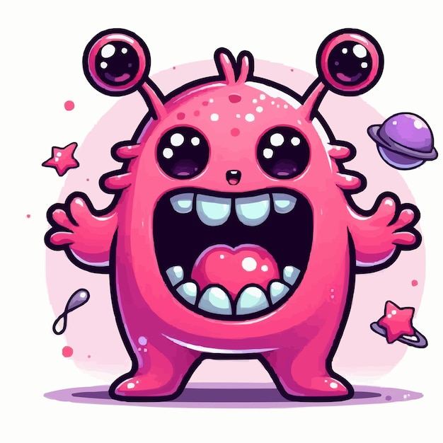 a pink monster with big eyes and a purple background with the moon in the background