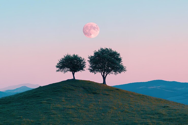 Vector a pink moon in the blue sky two trees atop a mountain with green grass and a distant view a light pi