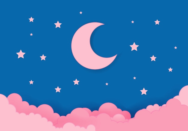 真夜中のピンクの月と星