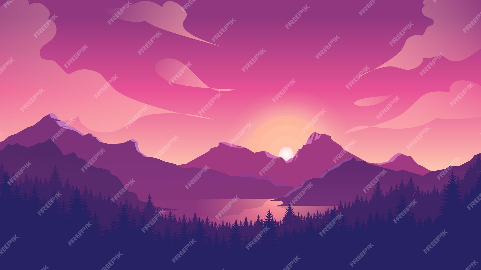 Premium Vector | Pink mountains landscape background sunset mountains