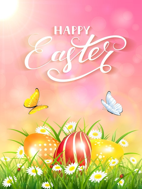 Pink nature background with sun beams and lettering Happy Easter flying butterflies and three colorful Easter eggs on grass and flowers illustration