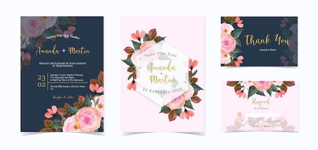 Pink and navy floral wedding invitation set