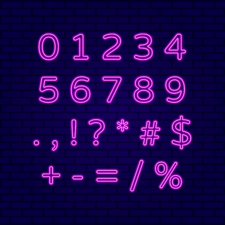 Vector pink neon numbers and signs on dark blue brick wall. glowing signs set. vector illustration