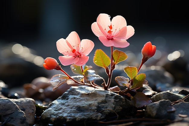 Vector pink new guinea impatiens with water droplets on leaves