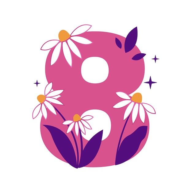 Pink number 8 with chamomiles and leaves in a vector for spring holiday