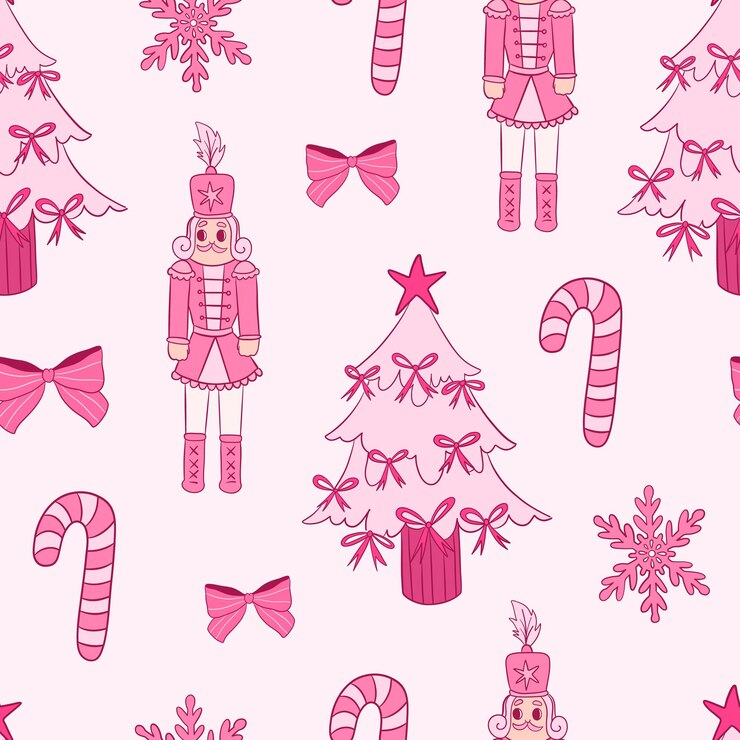 Vector pink nutcracker christmas pattern with candy canes and snowflakes