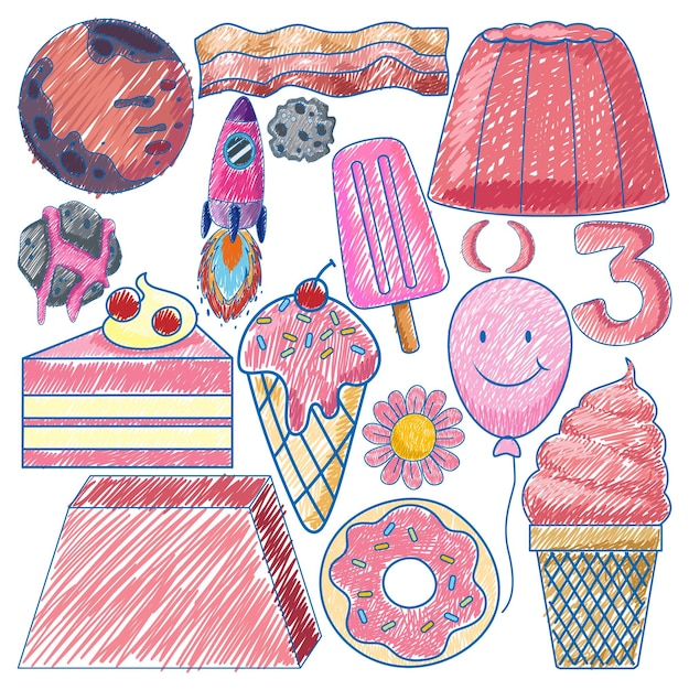 Vector pink objects in pencil colour sketch simple style