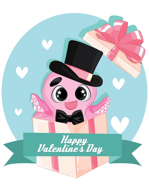 Pink octopus character in gift box with bow ties and hat. happy valentine day card template.