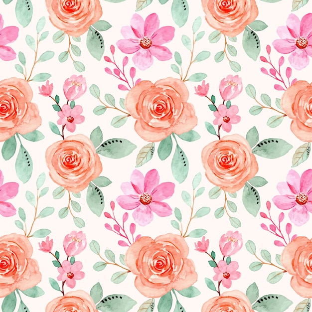 Pink orange floral watercolor seamless pattern