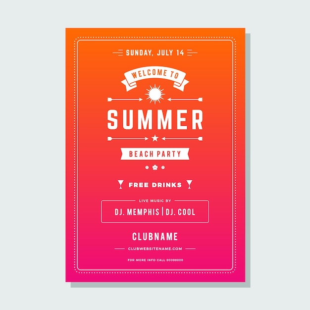 Pink orange gradient summer beach party poster disco event announcement with place for text vector