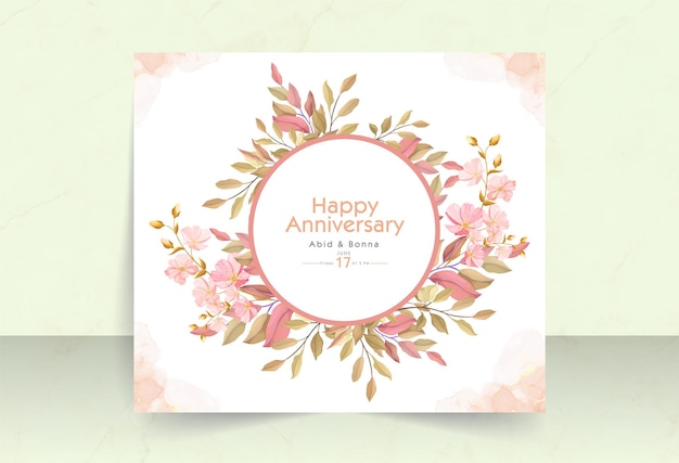 Vector pink orange leaves with cosmos flower and round frame anniversary card