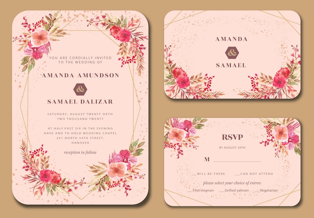 ピンクの蘭の花水彩結婚式招待状