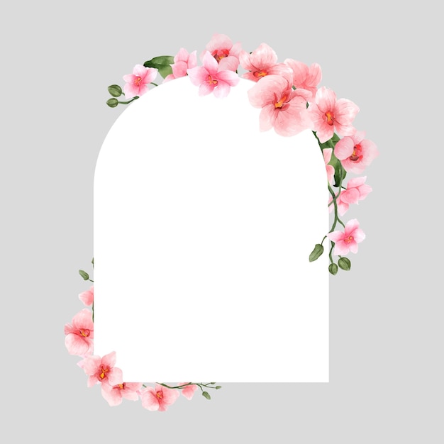 結婚式の挨拶や招待状のピンクの蘭の花の水彩画の境界線は、夏または春のテンプレートベクトルイラストのビンテージ花フレームを分離しました