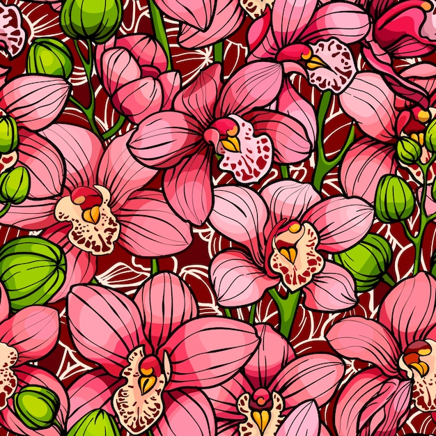 Pink orchids on red background seamless vector pattern hand drawn illustration