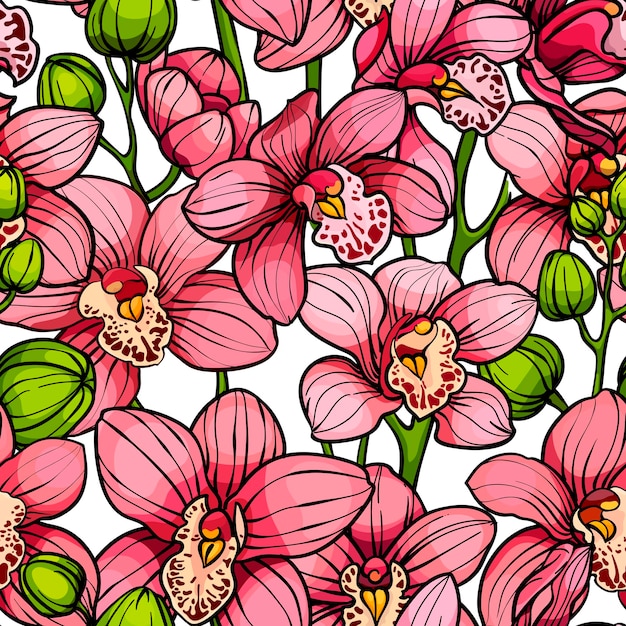 Pink orchids seamless vector pattern hand drawn illustration