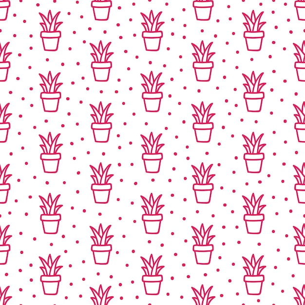 Pink outline cactus pot seamless pattern with white background.