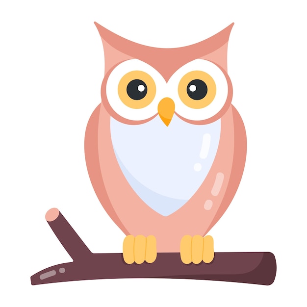 A pink owl sits on a branch with a white background.