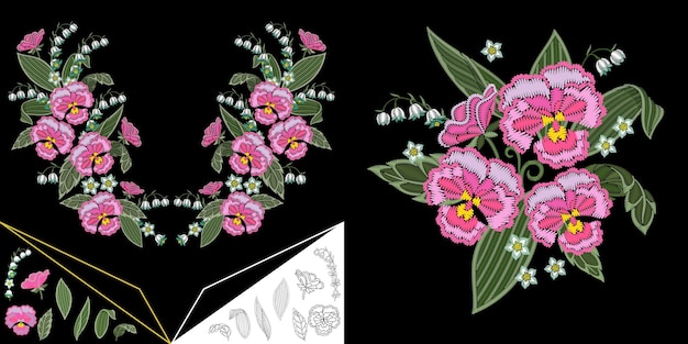 Pink pansy flowers embroidery pattern. Floral round neckline design.