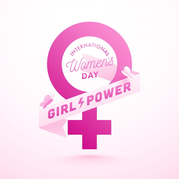 Pink paper female gender sign with butterflies and girl power text in ribbon for international women's day celebration concept.