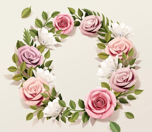 Pink paper rose wreath with green leaves in 3d illustration