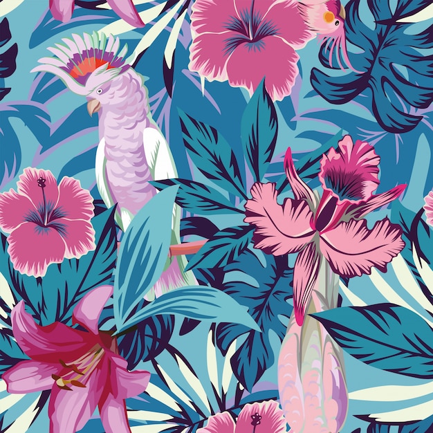 ピンクのオウムの花と植物の青いシームレスパターン壁紙