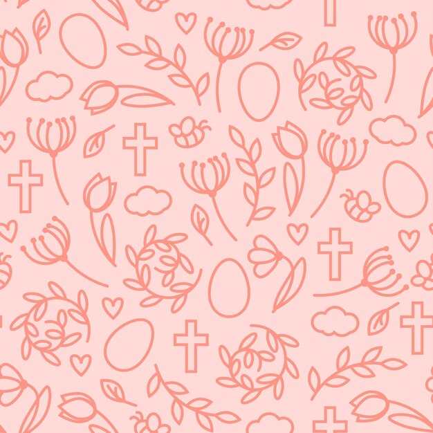 분홍색 파스텔 부활절 직선적인 꽃과 부활절 상징의 원활한 패턴