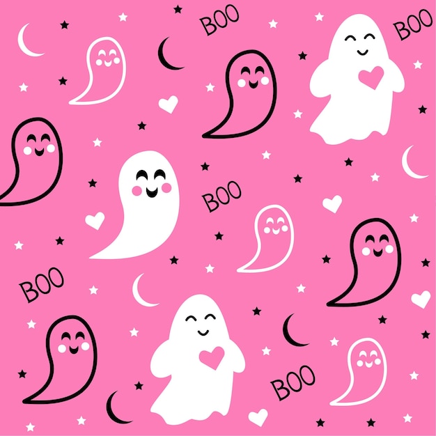 Pink pattern with cute and funny ghosts at night