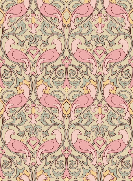 Pink pattern with flowers and birds