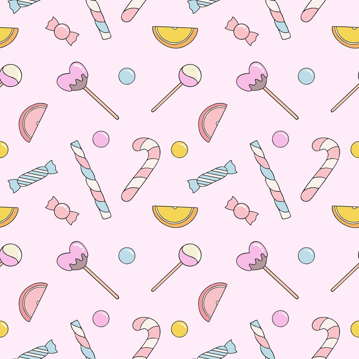 Vector pink pattern with sweet candies and lollipops. seamless background for tailoring. wallpaper for textiles, packaging paper.